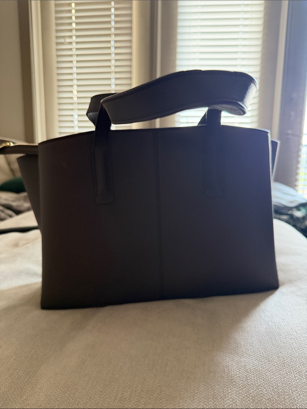 Minimalist Black Leather Tote with Padded Top Handles